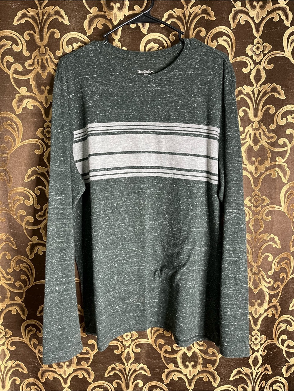 Goodfellow & Co Charcoal Heather Long-Sleeve Crew Shirt with Light Gray Stripe